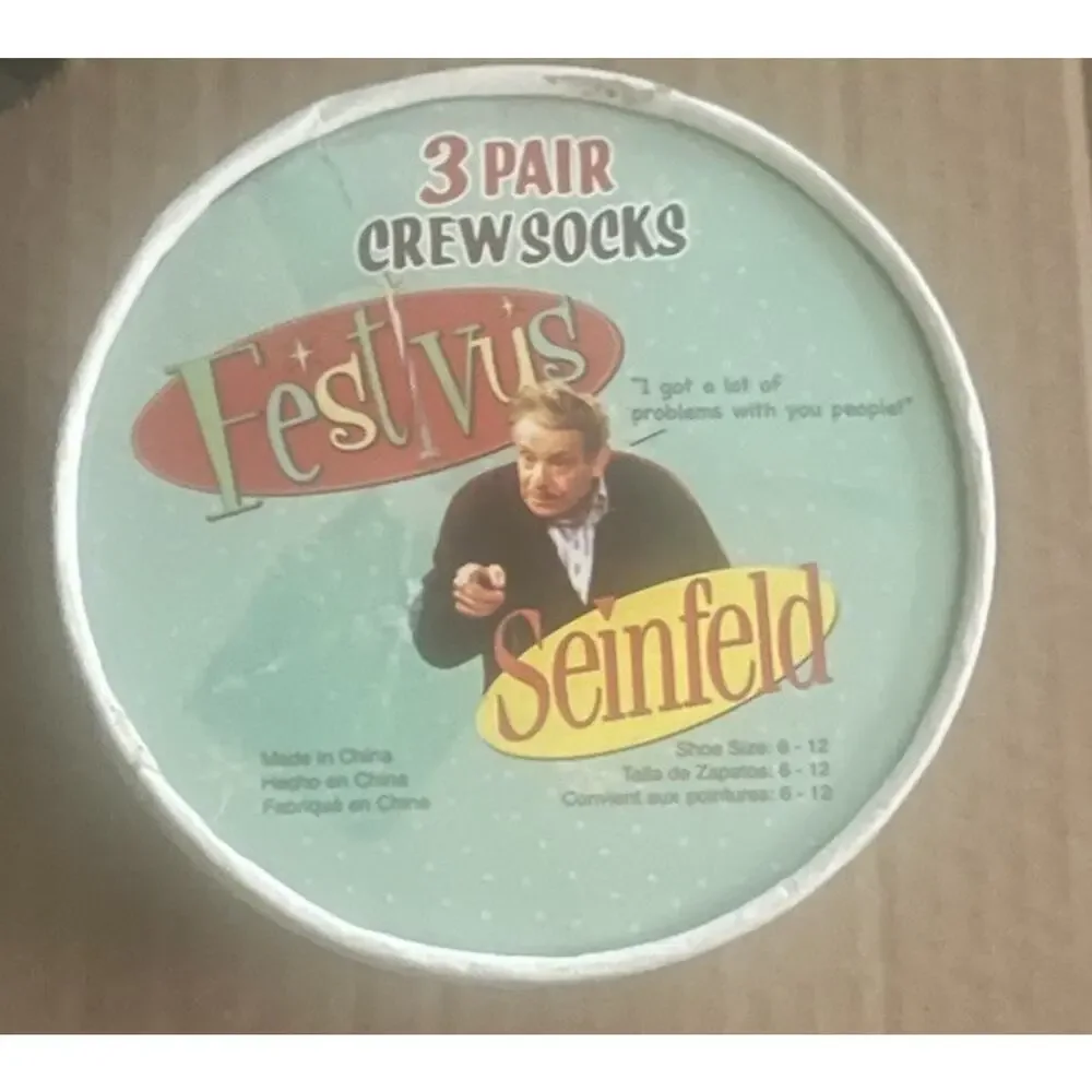 New Seinfeld Festivus 3 Pair Crew Socks. Damaged Box